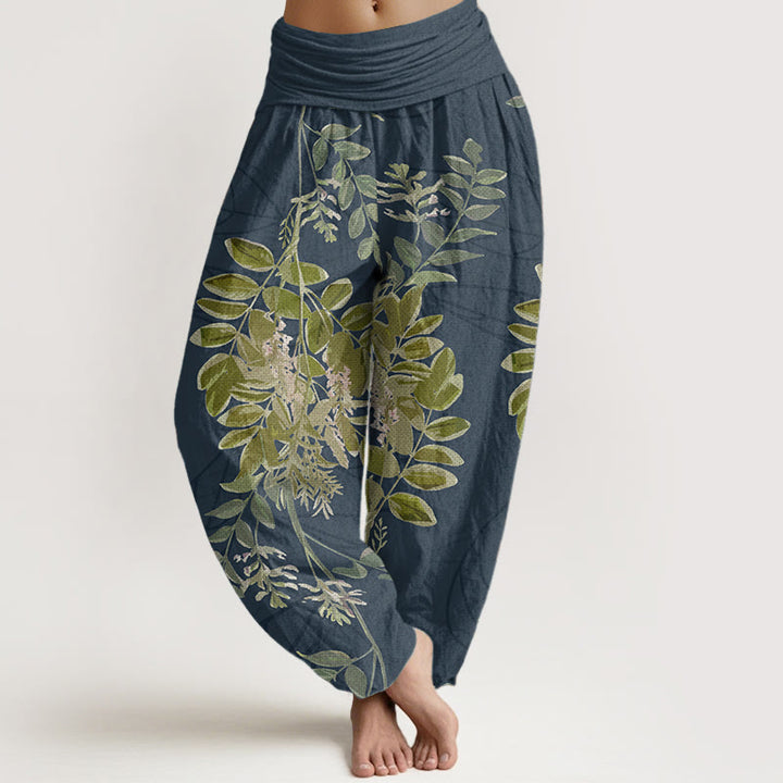 Pantaloni harem da donna in cotone con elastico in vita, motivo Buddha Stones, foglie verdi e rami