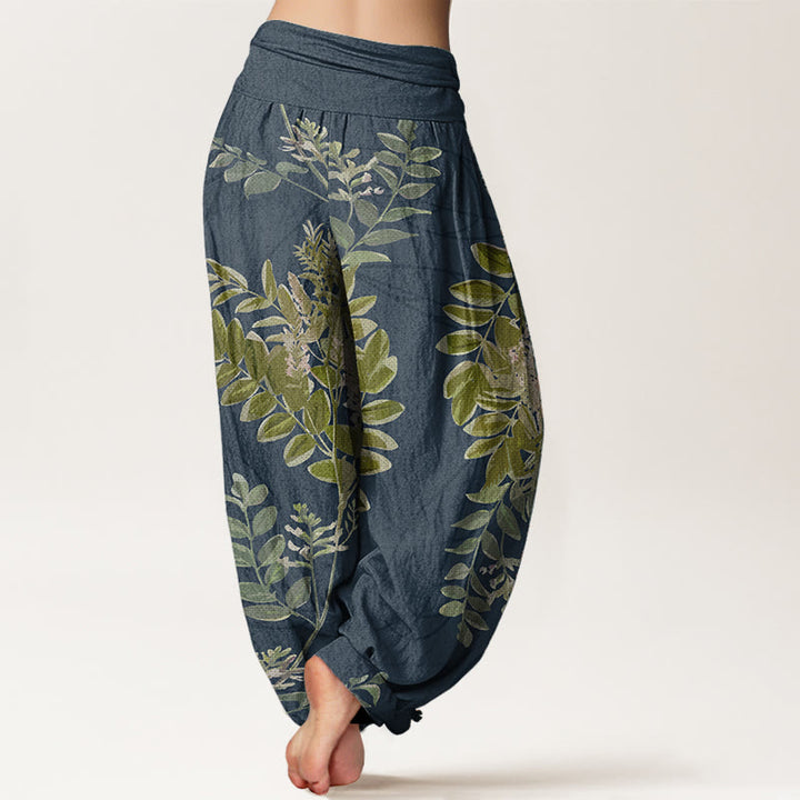 Pantaloni harem da donna in cotone con elastico in vita, motivo Buddha Stones, foglie verdi e rami