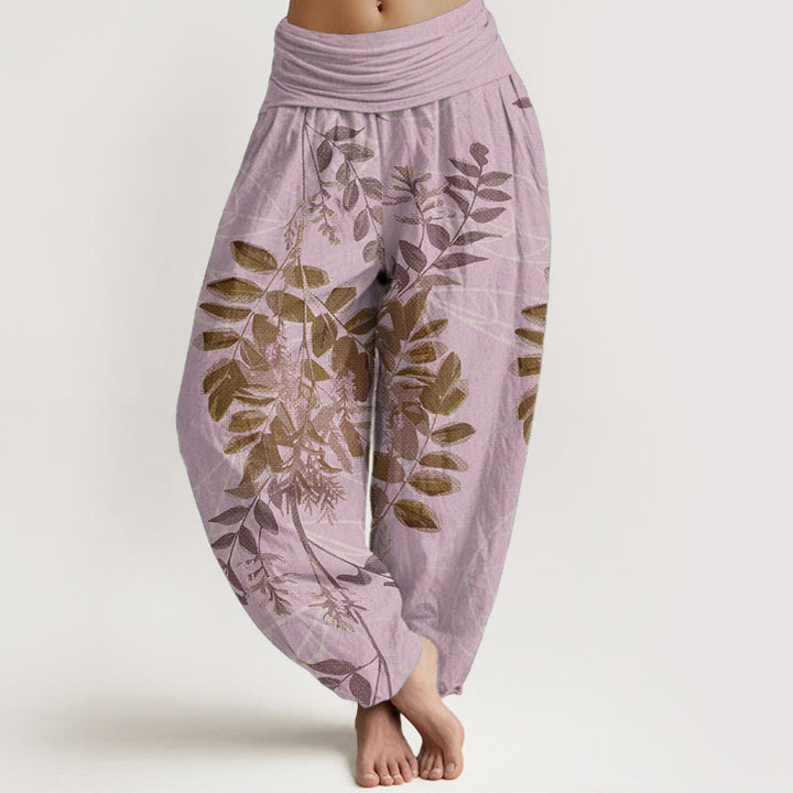 Pantaloni harem da donna in cotone con elastico in vita, motivo Buddha Stones, foglie verdi e rami