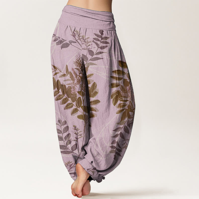 Pantaloni harem da donna in cotone con elastico in vita, motivo Buddha Stones, foglie verdi e rami