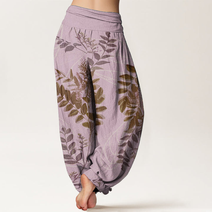 Pantaloni harem da donna in cotone con elastico in vita, motivo Buddha Stones, foglie verdi e rami