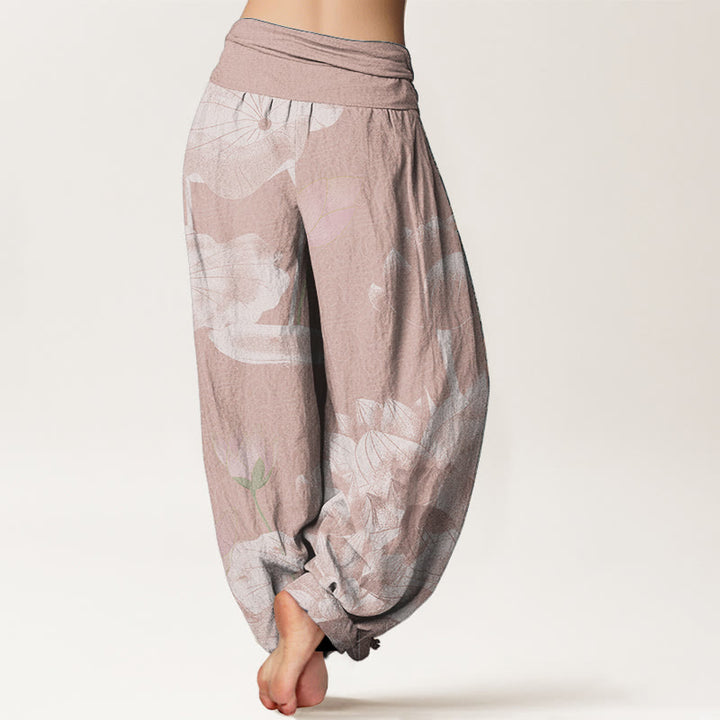 Pantaloni harem da donna con elastico in vita, in puro cotone, rosa e bianco, Buddha Stones - image 1