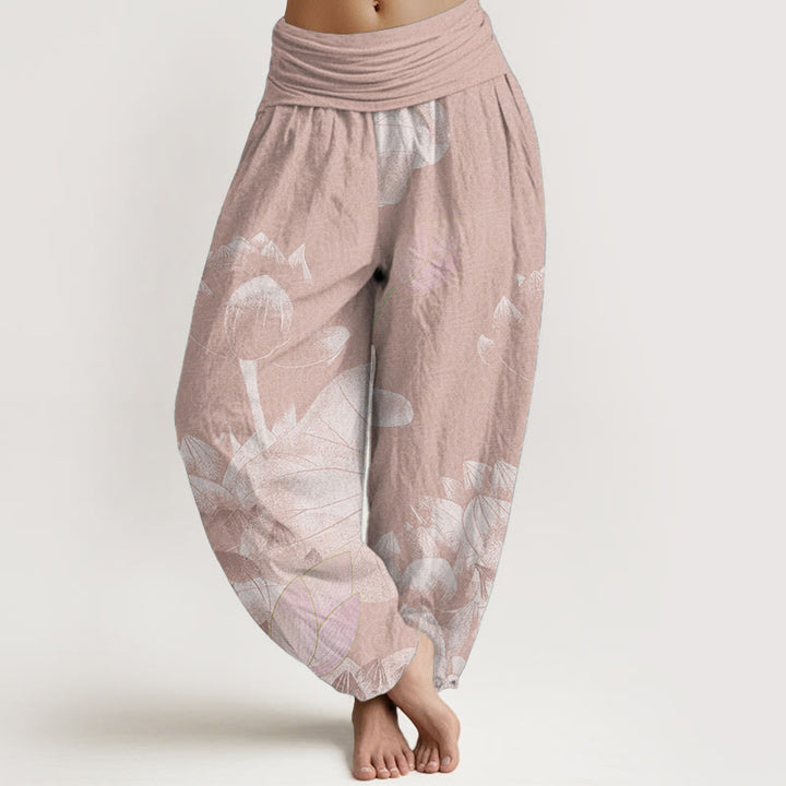 Pantaloni harem da donna con elastico in vita, in puro cotone, rosa e bianco, Buddha Stones