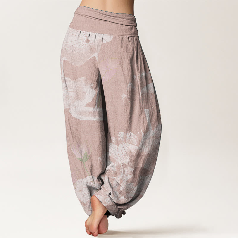 Pantaloni harem da donna con elastico in vita, in puro cotone, rosa e bianco, Buddha Stones