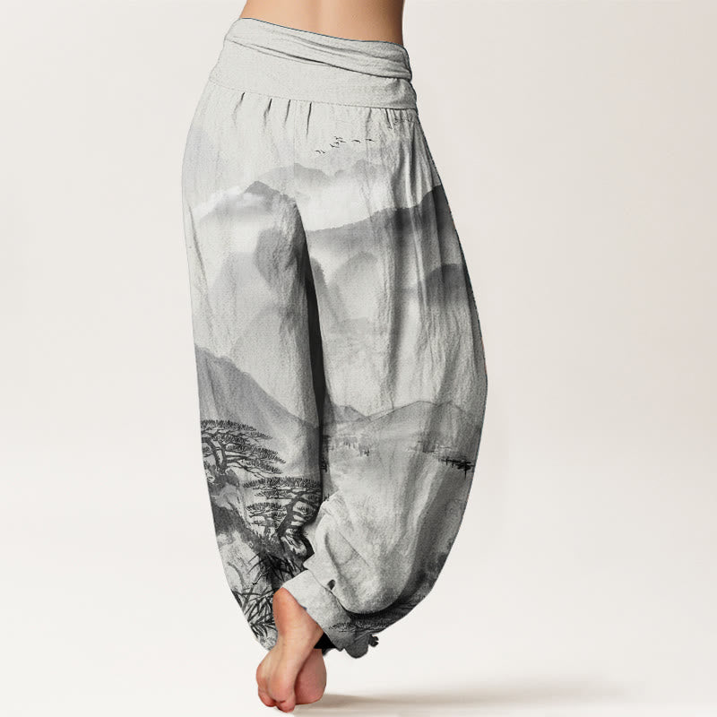 Pantaloni harem da donna con elastico in vita, in puro cotone, Buddha Stones, montagne, alberi, paesaggi, dipinti a inchiostro