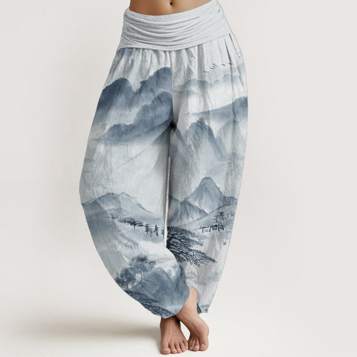 Pantaloni harem da donna con elastico in vita, in puro cotone, Buddha Stones, montagne, alberi, paesaggi, dipinti a inchiostro