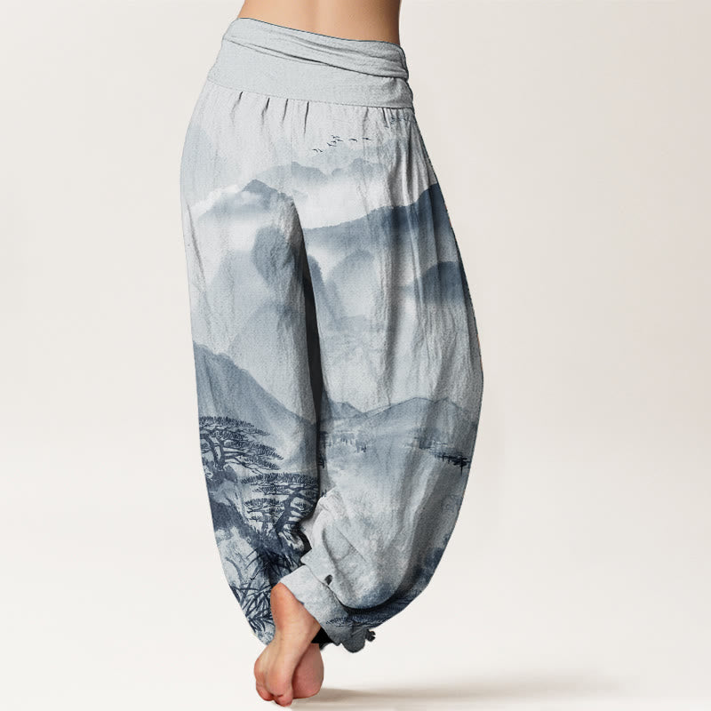 Pantaloni harem da donna con elastico in vita, in puro cotone, Buddha Stones, montagne, alberi, paesaggi, dipinti a inchiostro