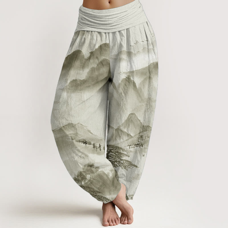 Pantaloni harem da donna con elastico in vita, in puro cotone, Buddha Stones, montagne, alberi, paesaggi, dipinti a inchiostro