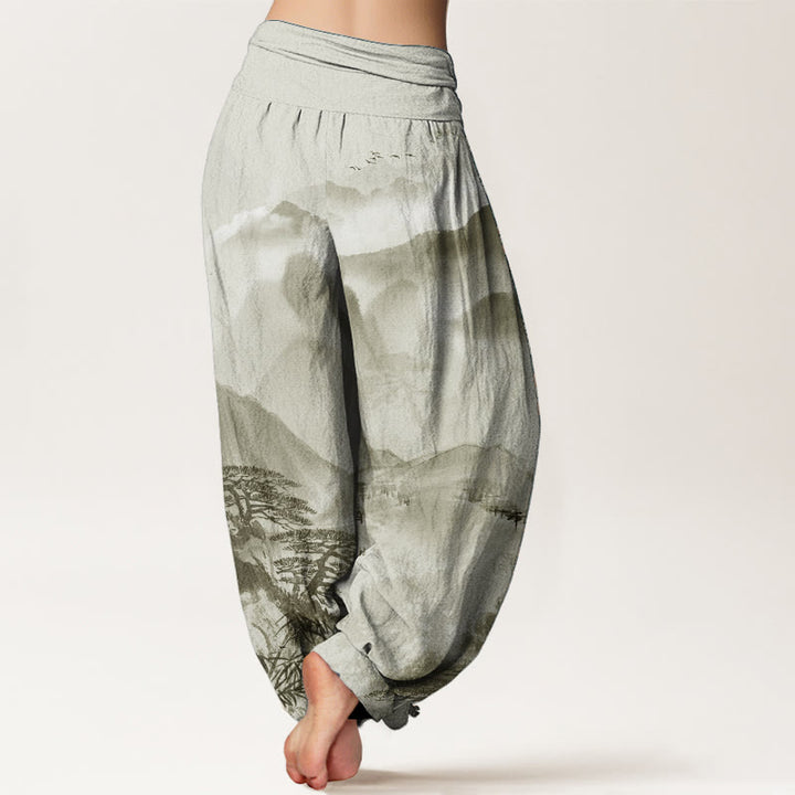 Pantaloni harem da donna con elastico in vita, in puro cotone, Buddha Stones, montagne, alberi, paesaggi, dipinti a inchiostro