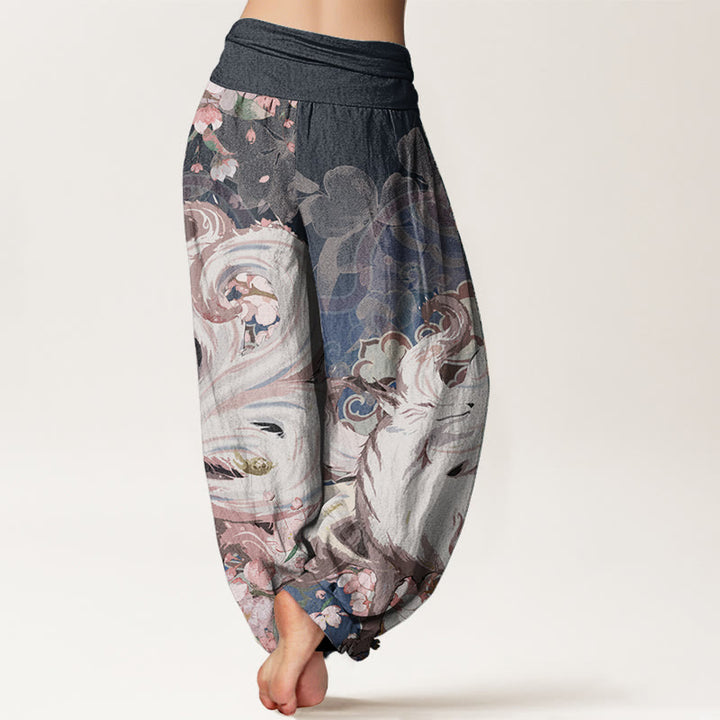 Pantaloni harem da donna con elastico in vita, in puro cotone, con motivo a fiori di ciliegio e pietre Buddha Stones