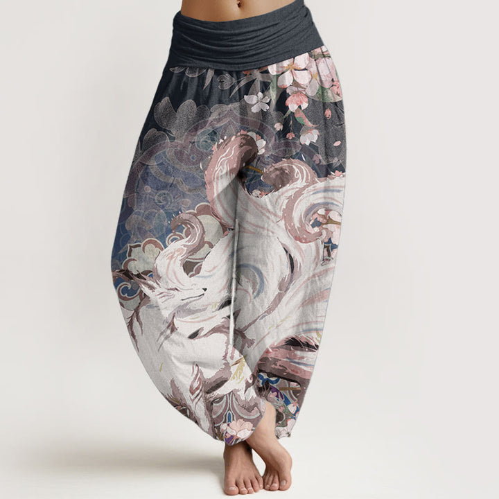 Pantaloni harem da donna con elastico in vita, in puro cotone, con motivo a fiori di ciliegio e pietre Buddha Stones