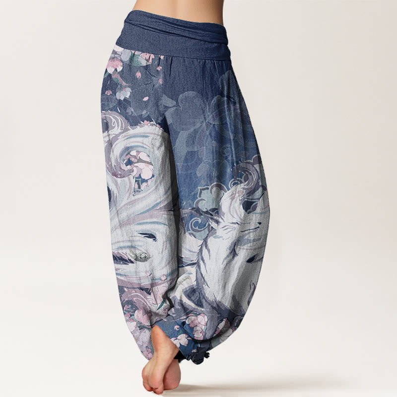 Pantaloni harem da donna con elastico in vita, in puro cotone, con motivo a fiori di ciliegio e pietre Buddha Stones