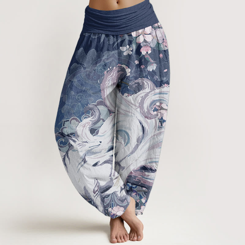 Pantaloni harem da donna con elastico in vita, in puro cotone, con motivo a fiori di ciliegio e pietre Buddha Stones
