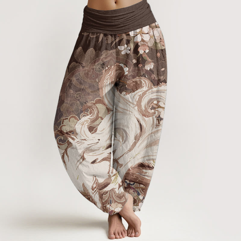 Pantaloni harem da donna con elastico in vita, in puro cotone, con motivo a fiori di ciliegio e pietre Buddha Stones