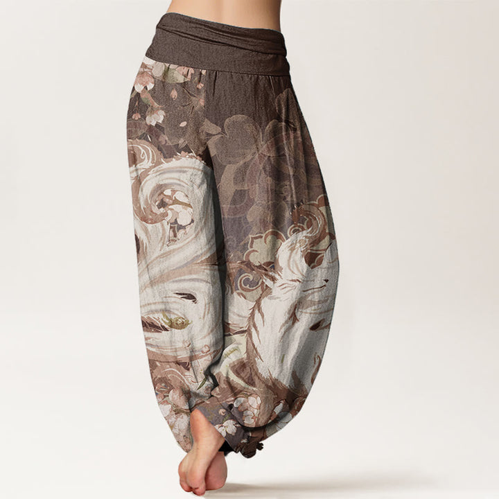 Pantaloni harem da donna con elastico in vita, in puro cotone, con motivo a fiori di ciliegio e pietre Buddha Stones