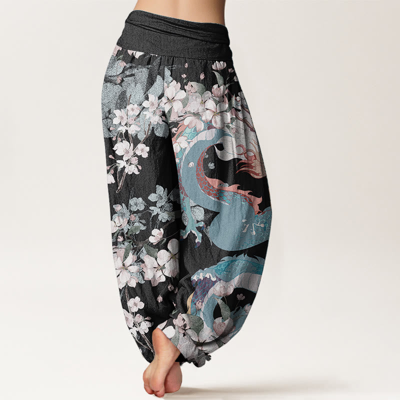 Pantaloni harem da donna in cotone elasticizzato con motivo a drago e fiori di ciliegio, stile casual, Buddha Stones