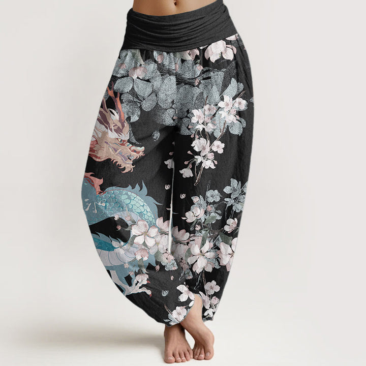 Pantaloni harem da donna in cotone elasticizzato con motivo a drago e fiori di ciliegio, stile casual, Buddha Stones