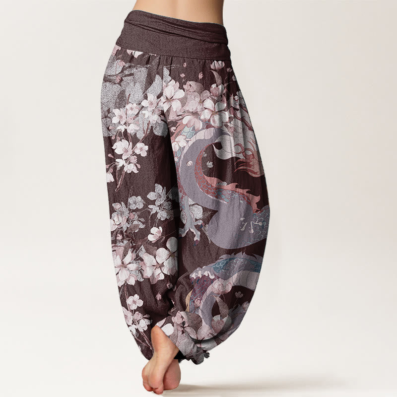 Pantaloni harem da donna in cotone elasticizzato con motivo a drago e fiori di ciliegio, stile casual, Buddha Stones