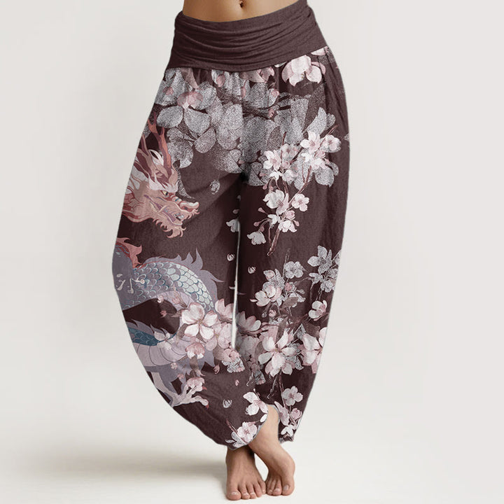 Pantaloni harem da donna in cotone elasticizzato con motivo a drago e fiori di ciliegio, stile casual, Buddha Stones