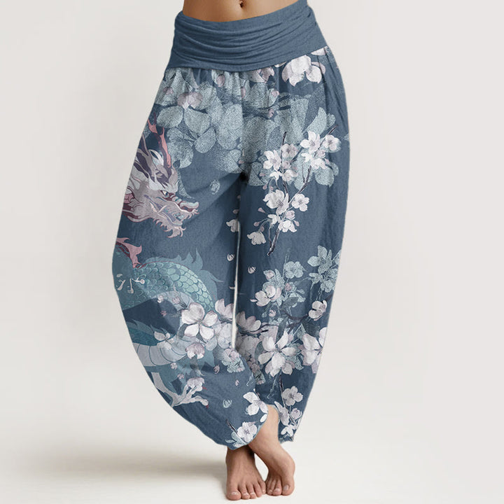 Pantaloni harem da donna in cotone elasticizzato con motivo a drago e fiori di ciliegio, stile casual, Buddha Stones