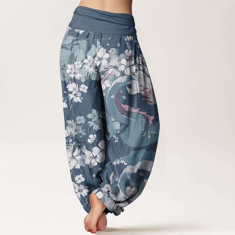 Pantaloni harem da donna in cotone elasticizzato con motivo a drago e fiori di ciliegio, stile casual, Buddha Stones