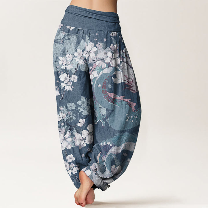 Pantaloni harem da donna in cotone elasticizzato con motivo a drago e fiori di ciliegio, stile casual, Buddha Stones