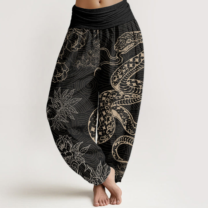 Pantaloni harem da donna in puro cotone con elastico in vita e motivo serpente e loto Buddha Stones