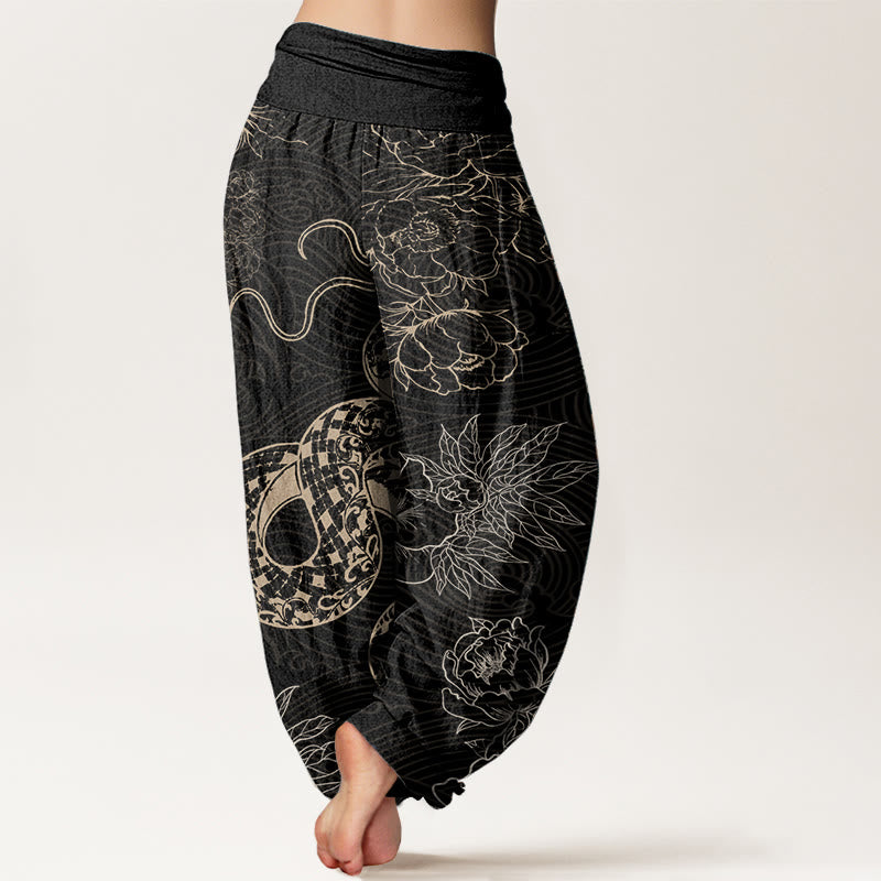 Pantaloni harem da donna in puro cotone con elastico in vita e motivo serpente e loto Buddha Stones - image 2