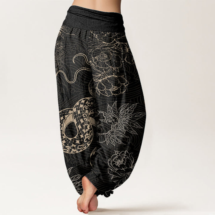 Pantaloni harem da donna in puro cotone con elastico in vita e motivo serpente e loto Buddha Stones - image 2