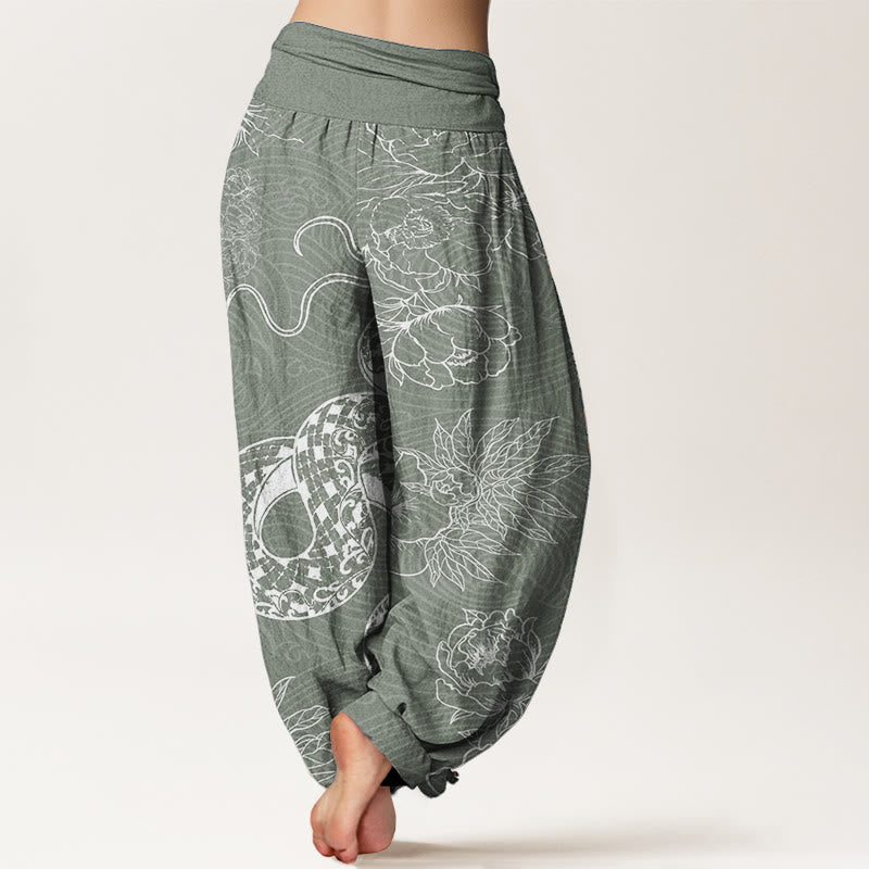 Pantaloni harem da donna in puro cotone con elastico in vita e motivo serpente e loto Buddha Stones
