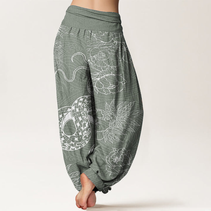 Pantaloni harem da donna in puro cotone con elastico in vita e motivo serpente e loto Buddha Stones