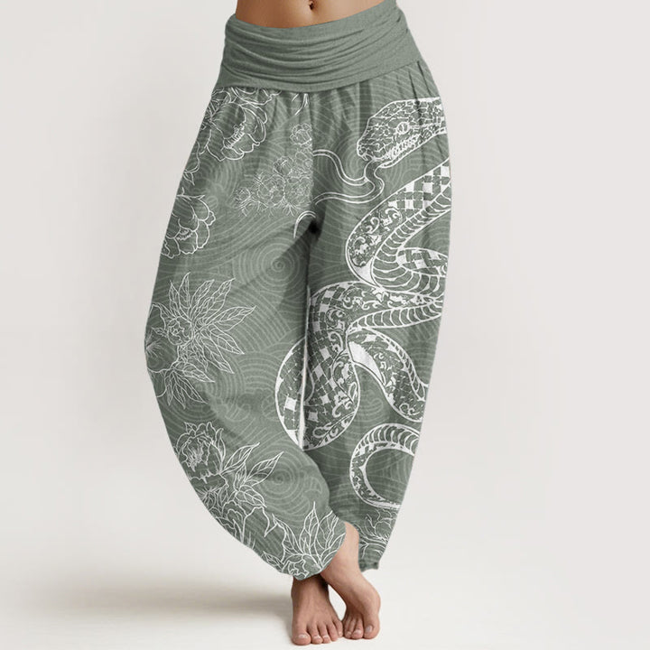 Pantaloni harem da donna in puro cotone con elastico in vita e motivo serpente e loto Buddha Stones