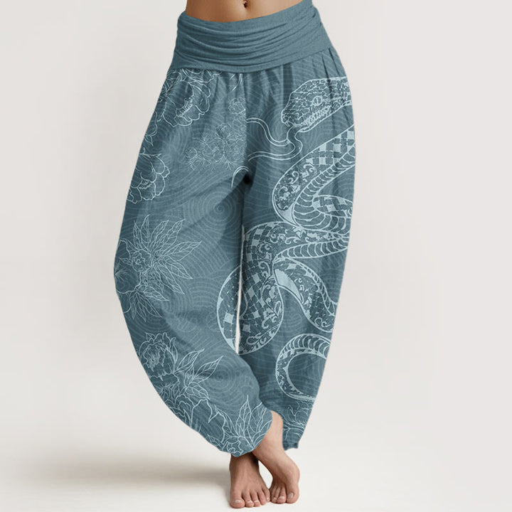Pantaloni harem da donna in puro cotone con elastico in vita e motivo serpente e loto Buddha Stones