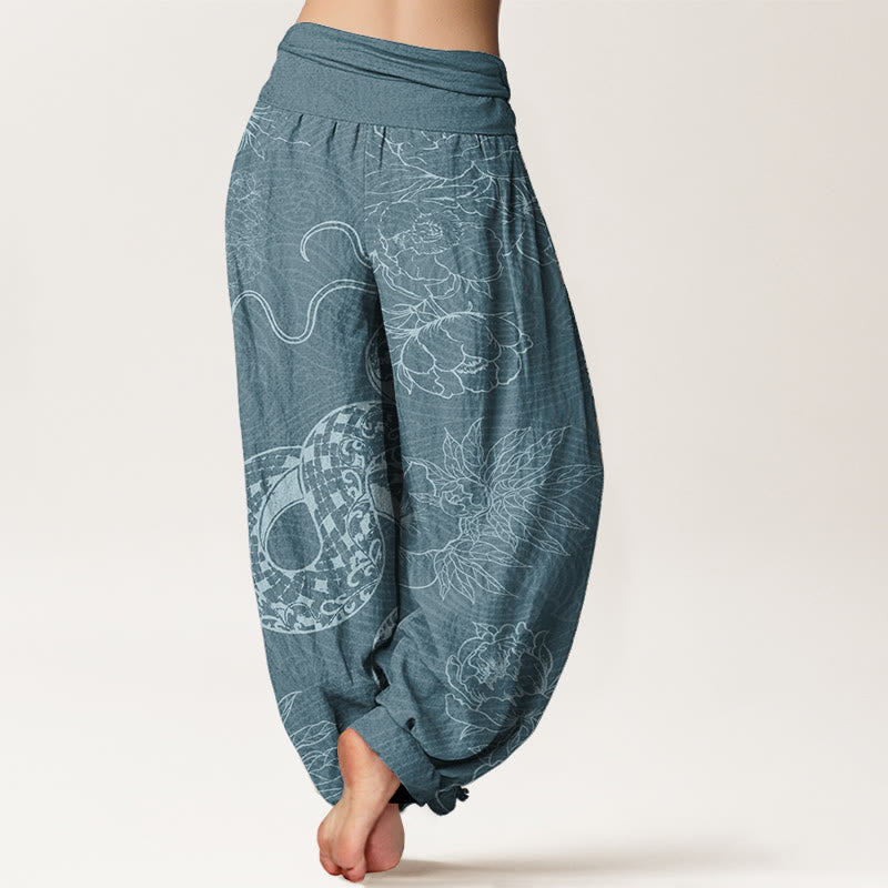 Pantaloni harem da donna in puro cotone con elastico in vita e motivo serpente e loto Buddha Stones