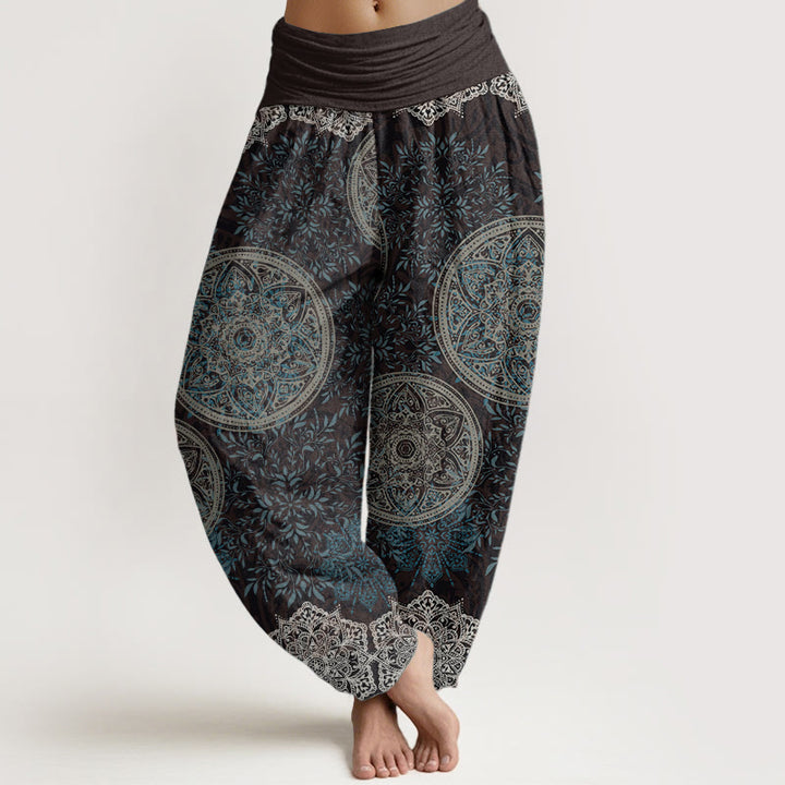 Pantaloni harem da donna con elastico in vita, in puro cotone con motivo mandala e foglie, motivo Buddha Stones