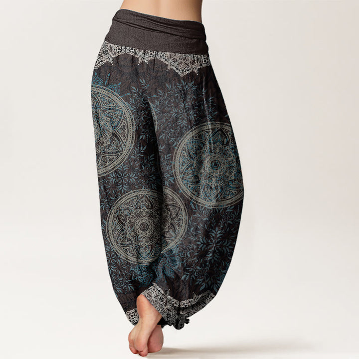 Pantaloni harem da donna con elastico in vita, in puro cotone con motivo mandala e foglie, motivo Buddha Stones