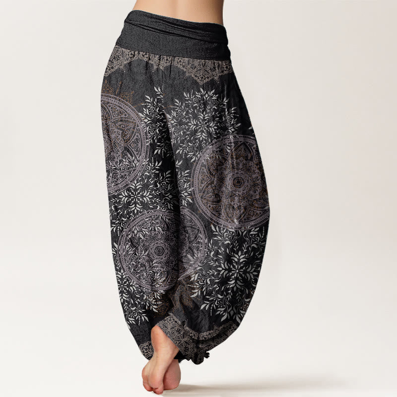 Pantaloni harem da donna con elastico in vita, in puro cotone con motivo mandala e foglie, motivo Buddha Stones