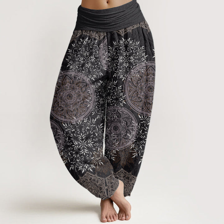 Pantaloni harem da donna con elastico in vita, in puro cotone con motivo mandala e foglie, motivo Buddha Stones