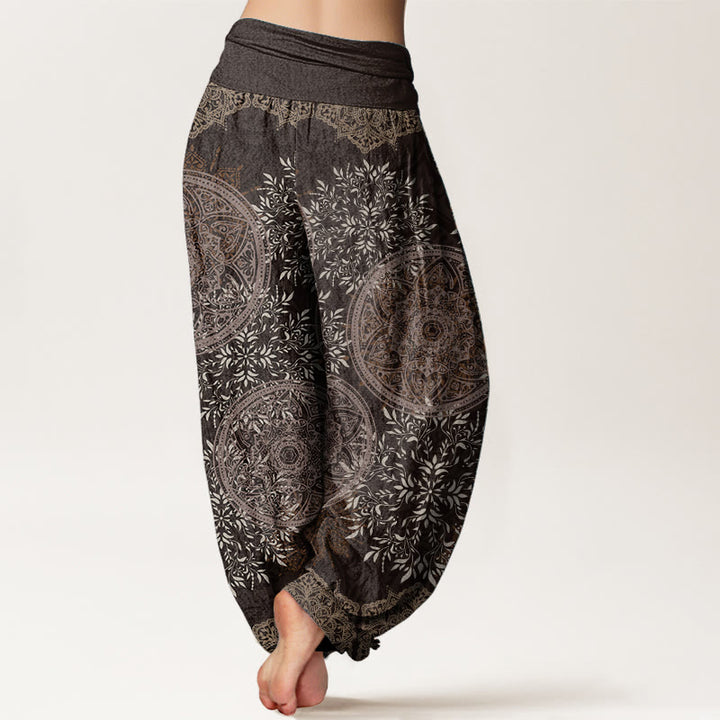 Pantaloni harem da donna con elastico in vita, in puro cotone con motivo mandala e foglie, motivo Buddha Stones