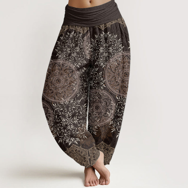 Pantaloni harem da donna con elastico in vita, in puro cotone con motivo mandala e foglie, motivo Buddha Stones