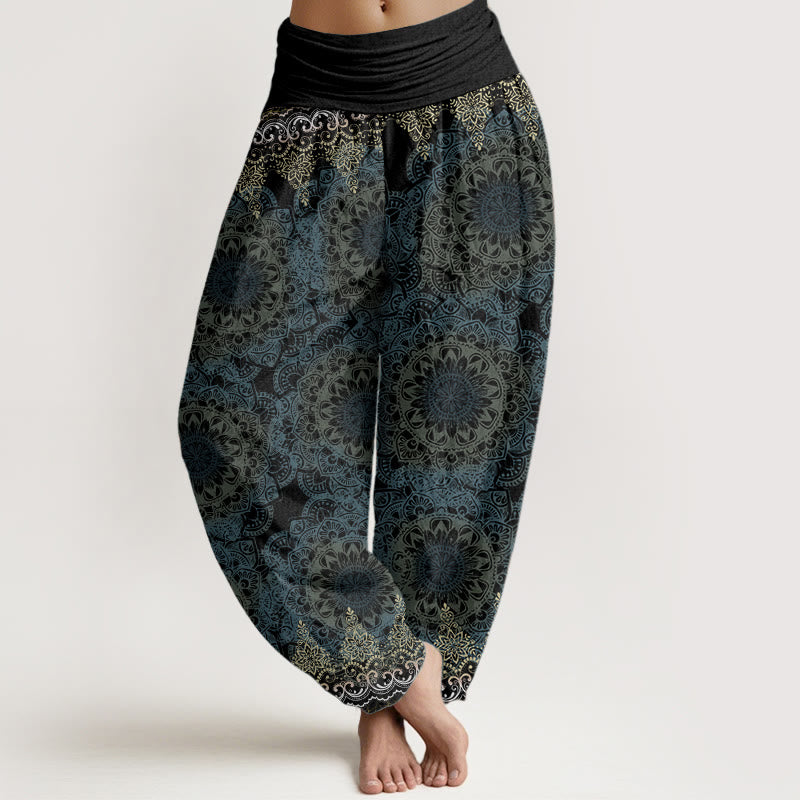Pantaloni harem da donna in cotone elasticizzato con motivo mandala triangolare in puro cotone Buddha Stones