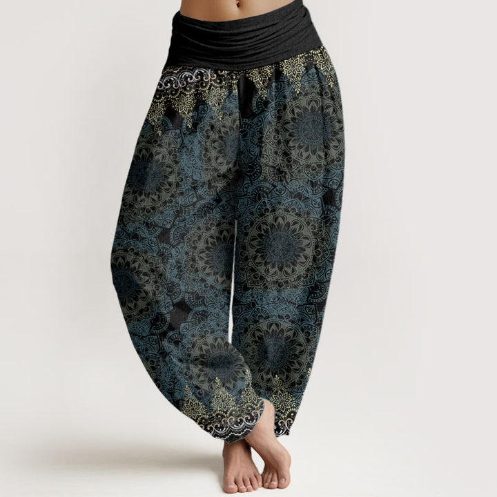 Pantaloni harem da donna in cotone elasticizzato con motivo mandala triangolare in puro cotone Buddha Stones