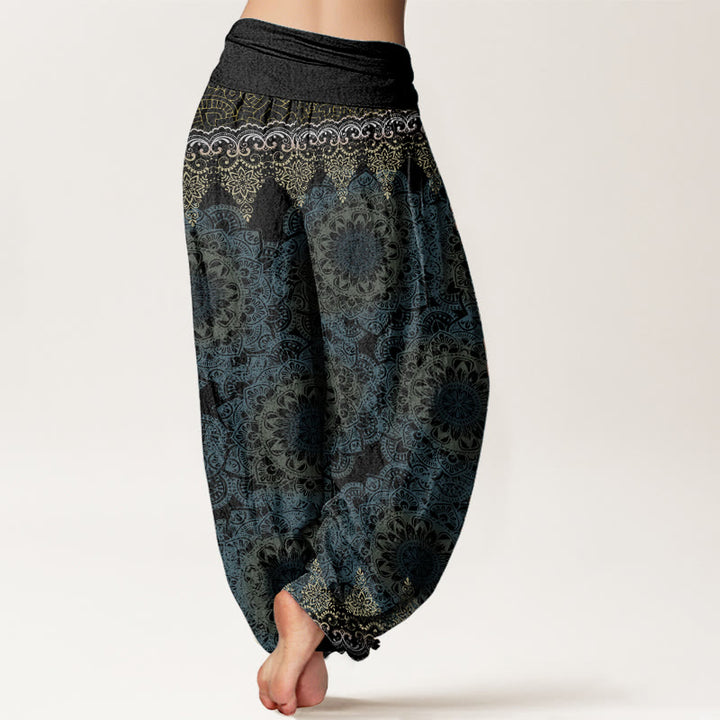 Pantaloni harem da donna in cotone elasticizzato con motivo mandala triangolare in puro cotone Buddha Stones