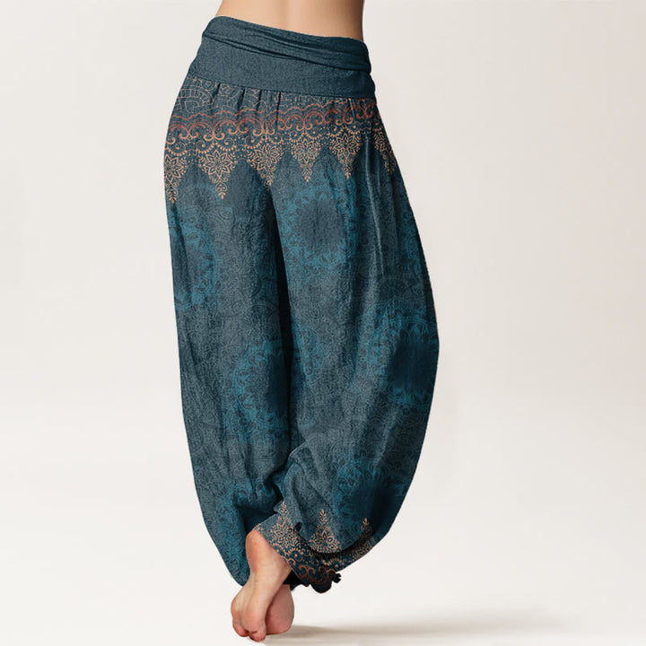 Pantaloni harem da donna in cotone elasticizzato con motivo mandala triangolare in puro cotone Buddha Stones