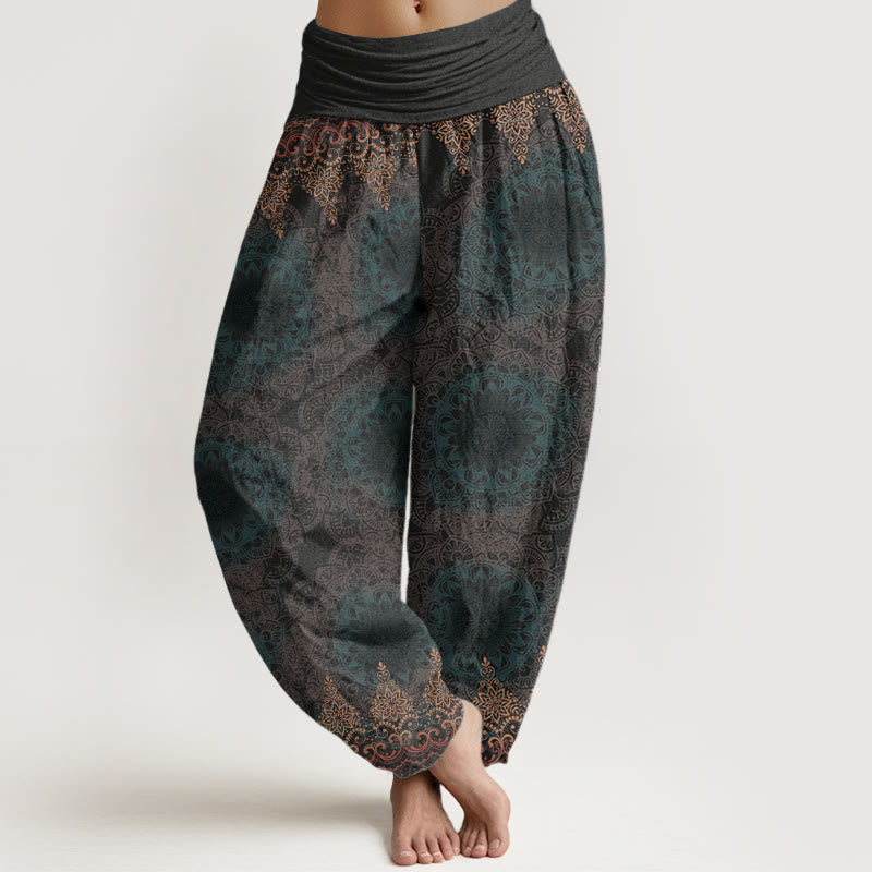 Pantaloni harem da donna in cotone elasticizzato con motivo mandala triangolare in puro cotone Buddha Stones