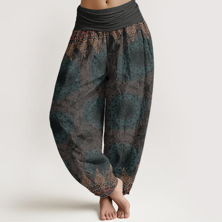 Pantaloni harem da donna in cotone elasticizzato con motivo mandala triangolare in puro cotone Buddha Stones