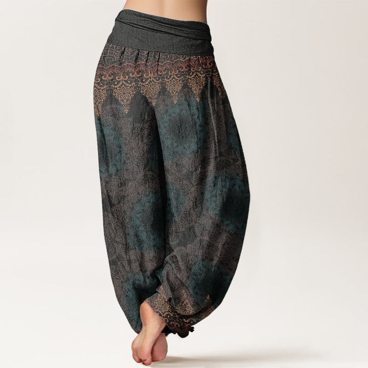 Pantaloni harem da donna in cotone elasticizzato con motivo mandala triangolare in puro cotone Buddha Stones