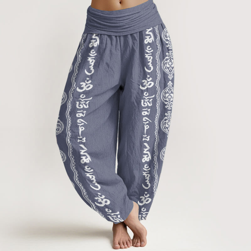 Pantaloni harem da donna con elastico in vita, in puro cotone, con motivo mandala Om Mani Padme Hum Buddha Stones - SteelBlue - US22, UK/AU26, EU54 (6XL) - image 0