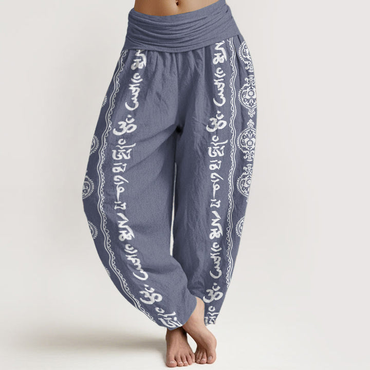 Pantaloni harem da donna con elastico in vita, in puro cotone, con motivo mandala Om Mani Padme Hum Buddha Stones