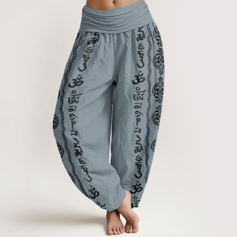 Pantaloni harem da donna con elastico in vita, in puro cotone, con motivo mandala Om Mani Padme Hum Buddha Stones